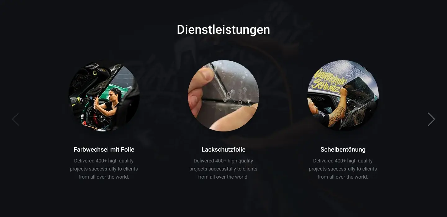 Dienstleistungen: Farbwechsel mit Folie, Lackschutzfolie and Scheibentönung, each with a round photo, in a carousel