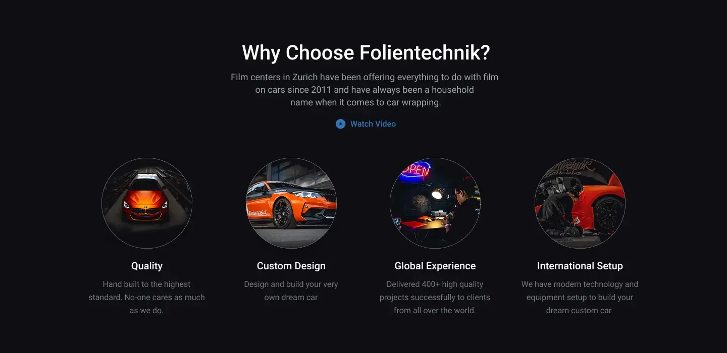 Why Choose Folientechnik: Quality, Custom Design, Global Experience and International Setup, each with a round photo