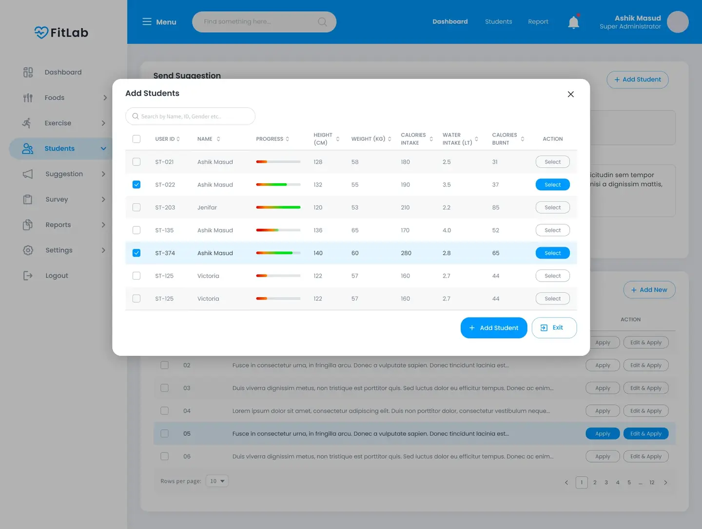 Add Students dialog over the suggestion page