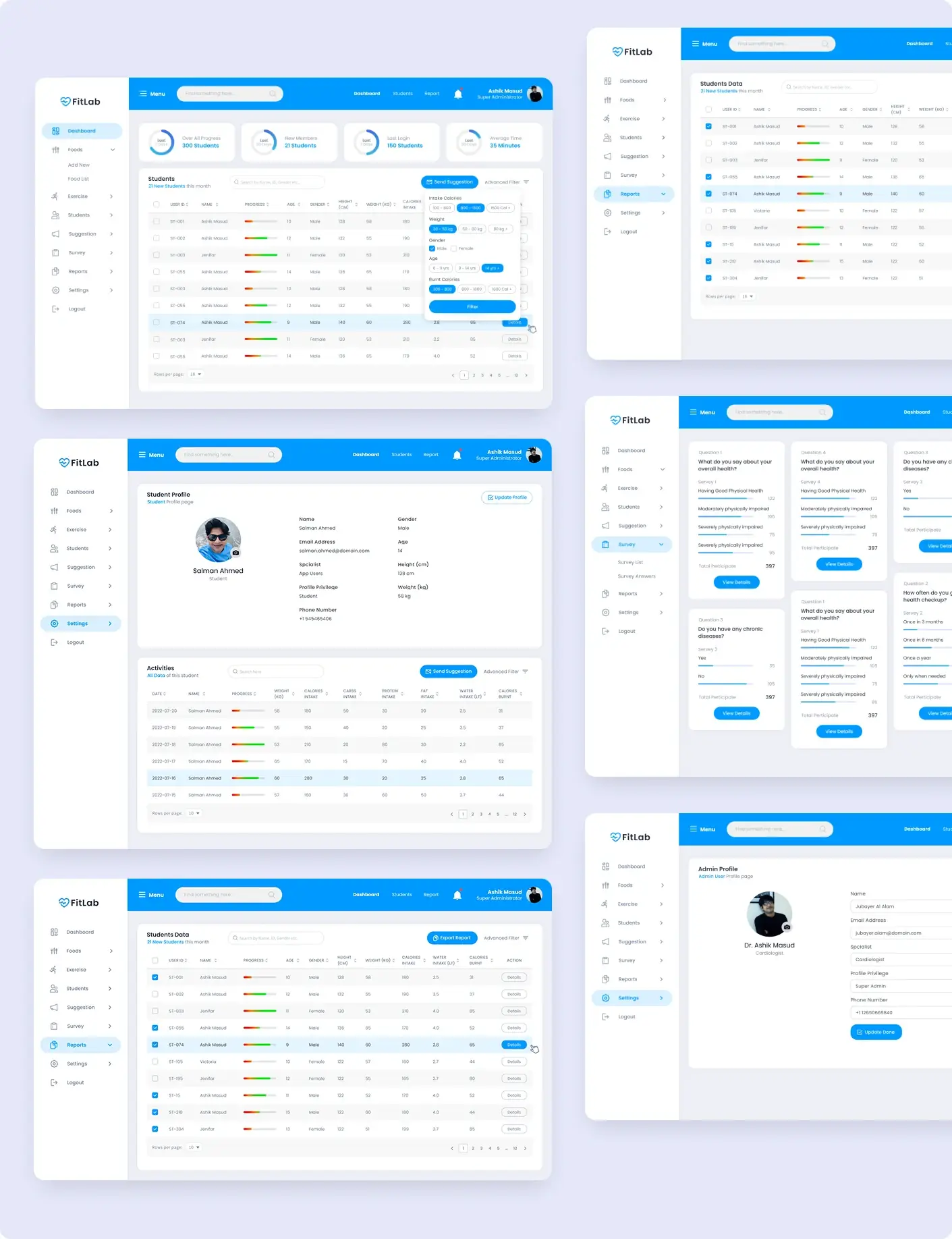 FitLab dashboard screens: dashboard with filter, reports, student profile, survey answers, students data and admin profile