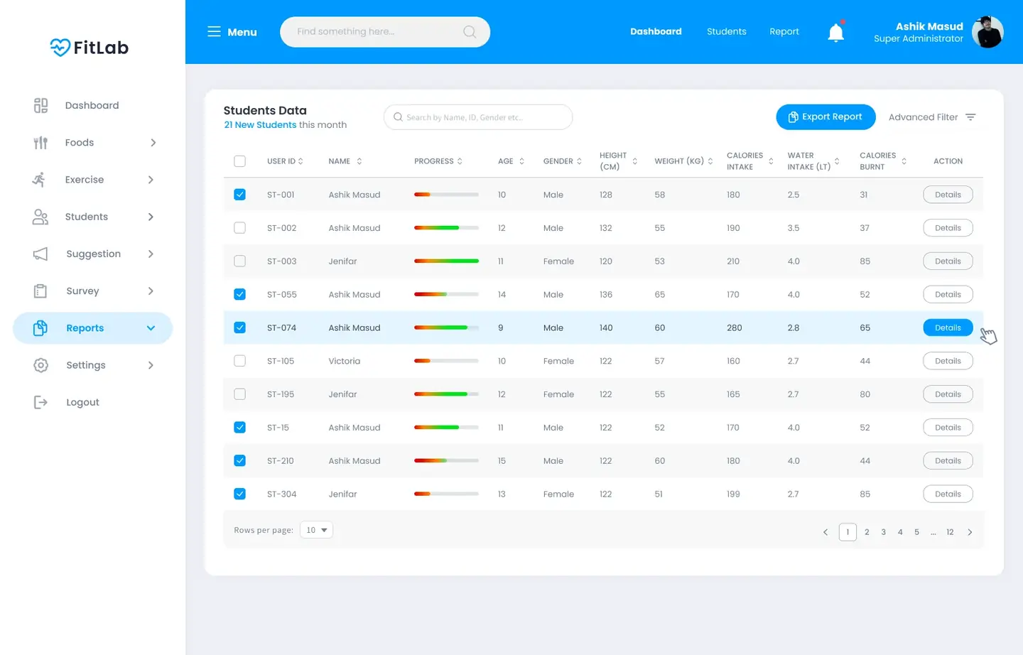 Reports table with six rows selected and Export Report active
