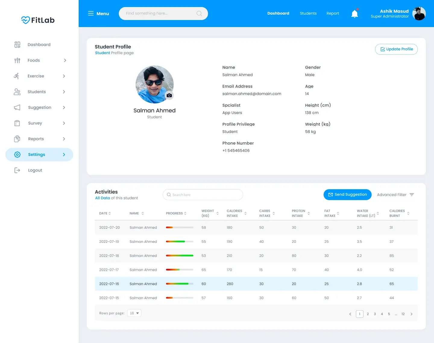 Student profile screen