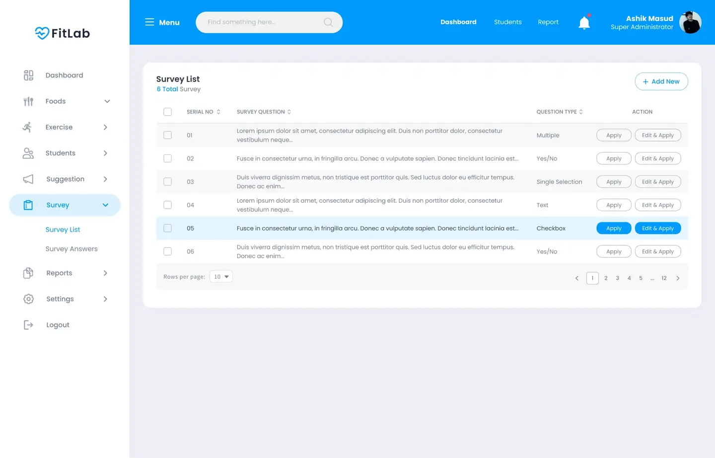 Survey list screen