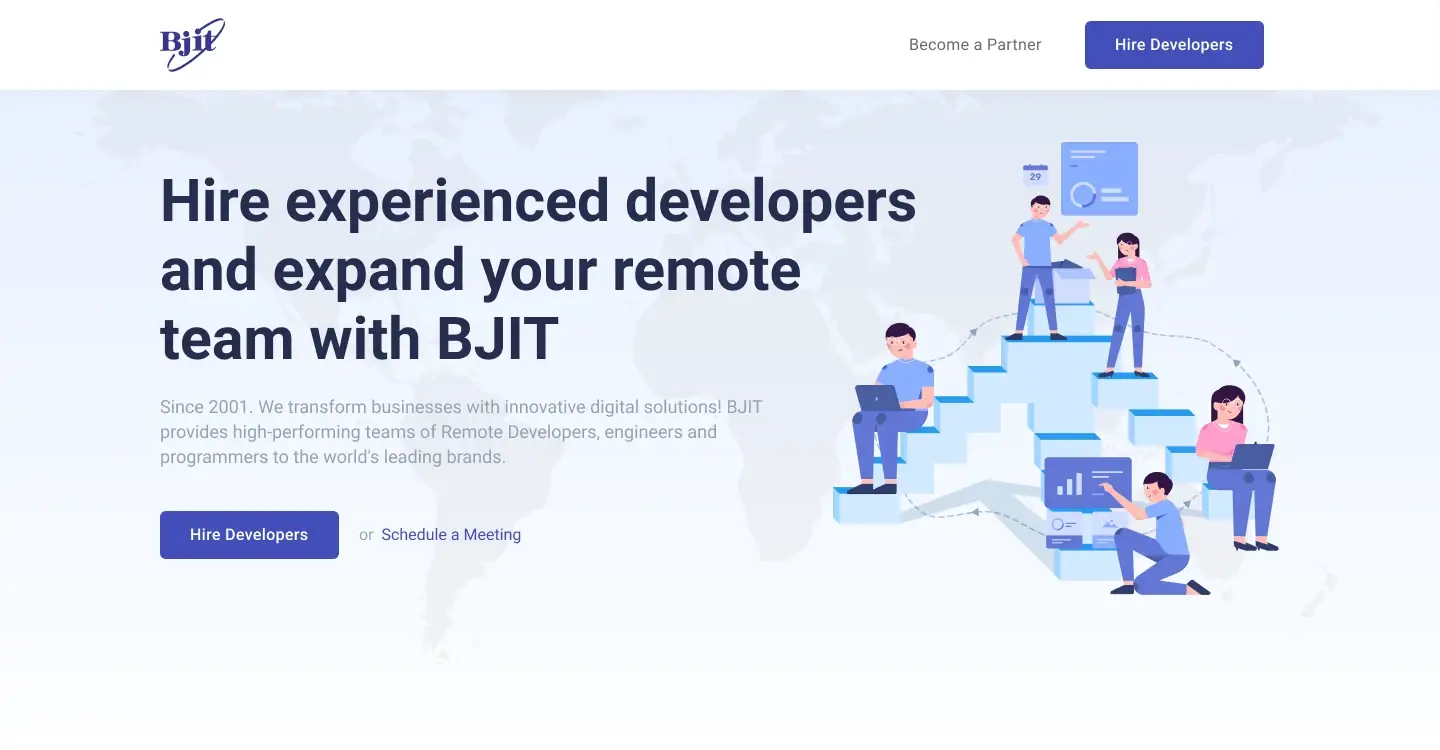 Hero: Hire experienced developers and expand your remote team with BJIT, with Hire Developers and Schedule a Meeting