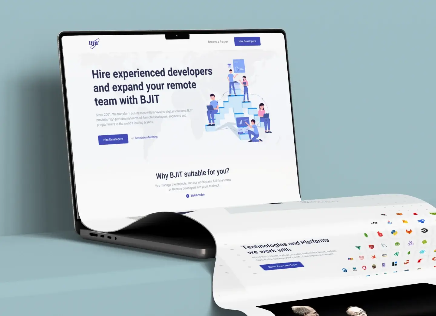 The BJIT landing page on a laptop, with the page scrolling out of the screen to show the technologies section