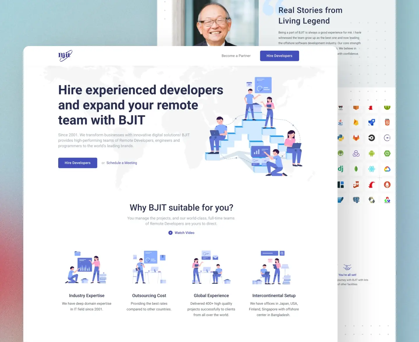 The landing page presentation: hero, Why BJIT section and the real stories panel layered together