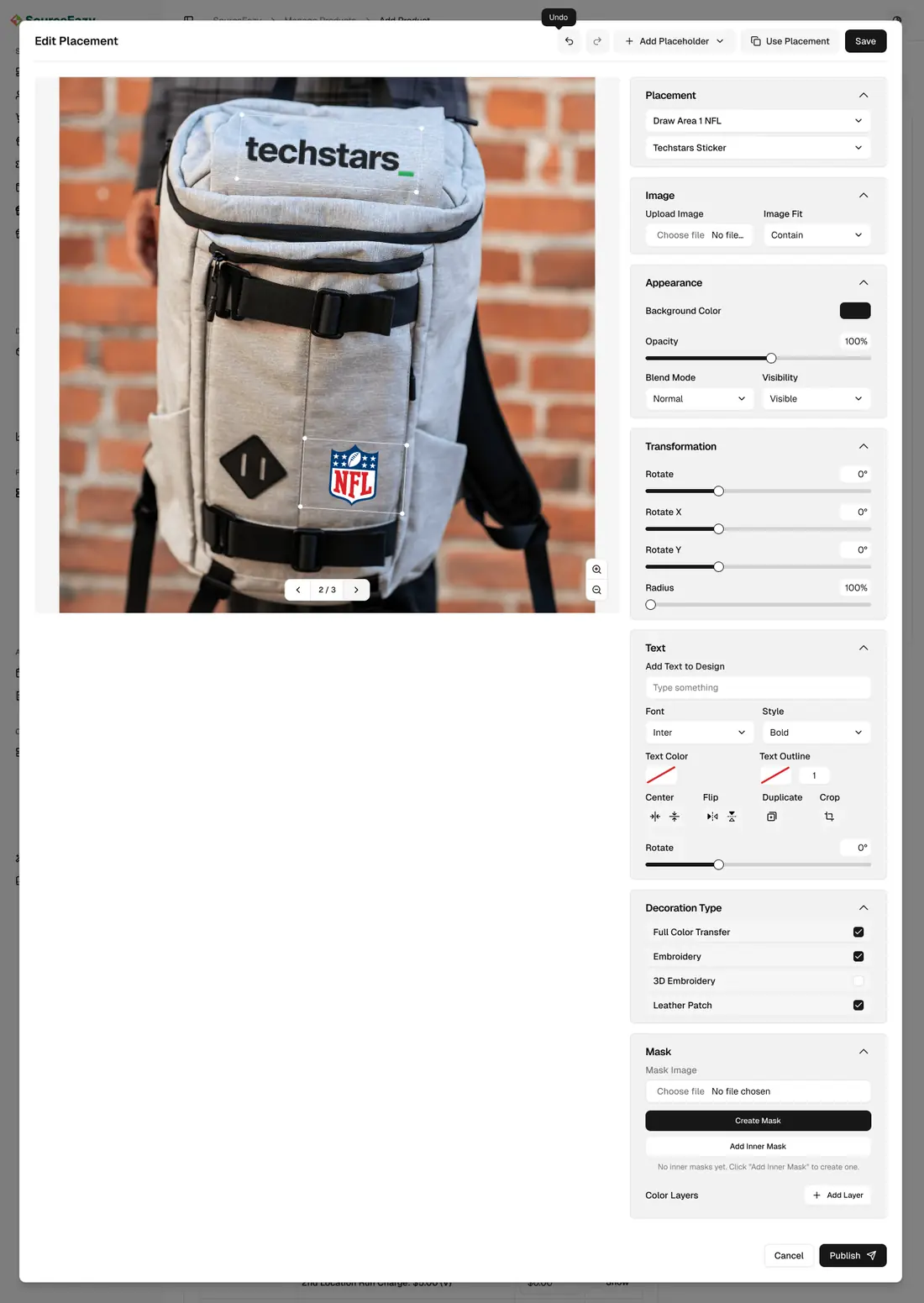 Edit Placement: draw areas on a backpack with Techstars and NFL logos, and panels for image, appearance, transformation, text, decoration type and mask