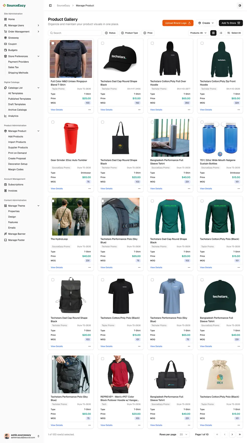 Manage Product screen