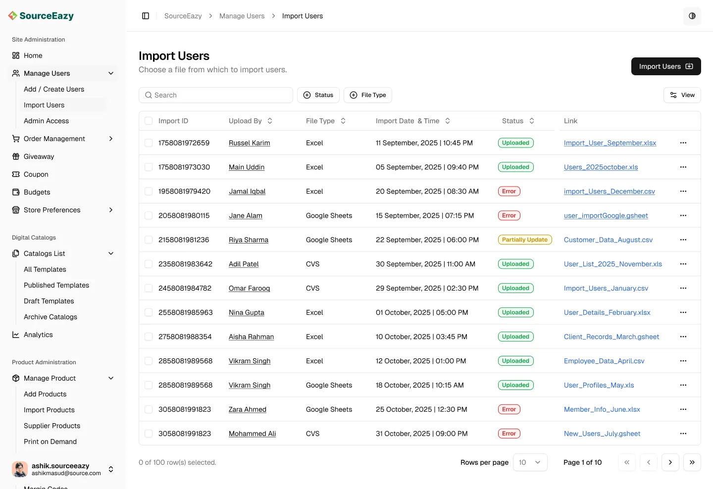 Import Users screen