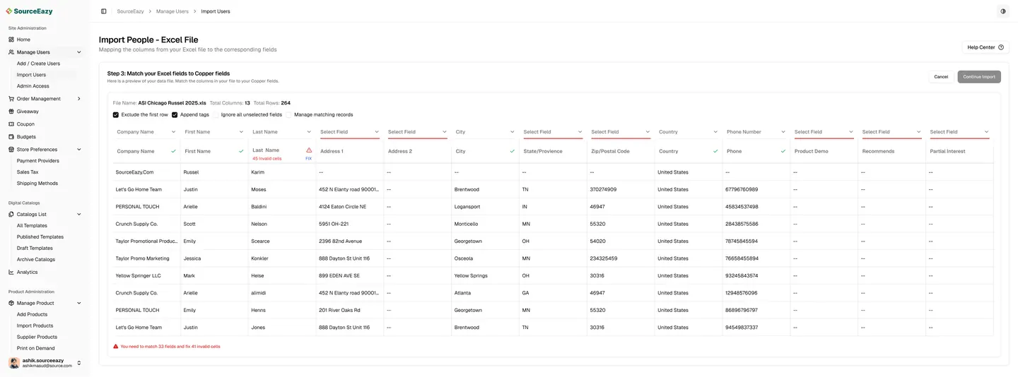 Import People - Excel File, Step 3: match your Excel fields, with invalid cells flagged
