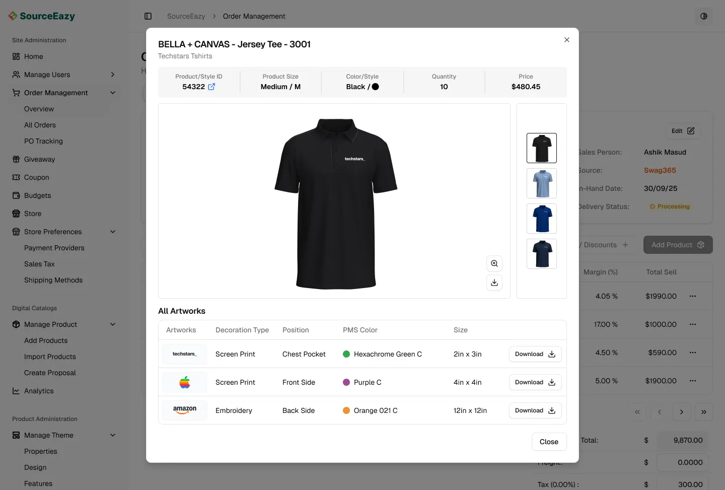 Product order details modal with artworks