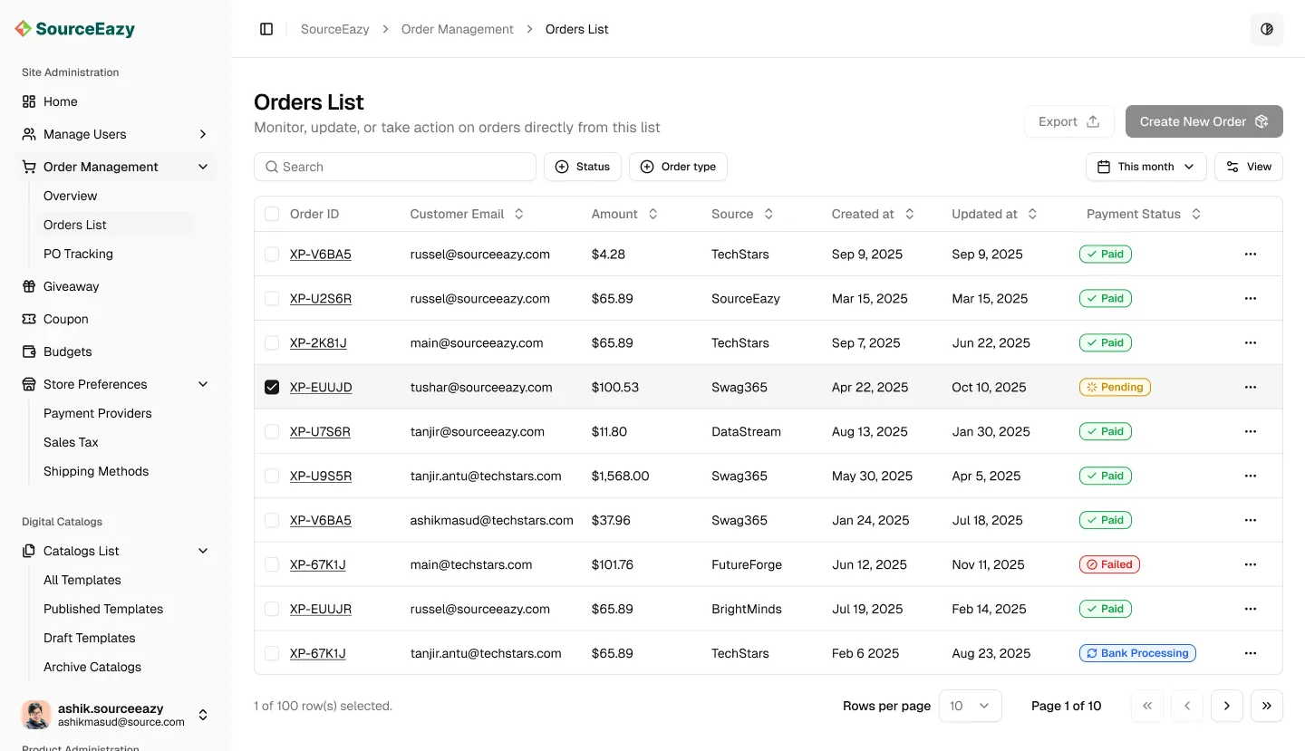 Orders list