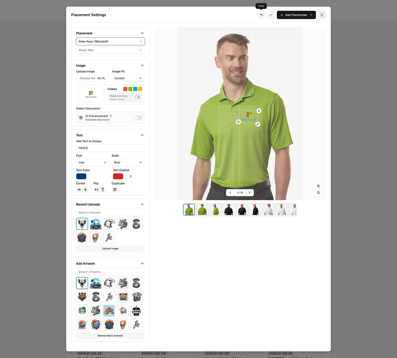 Placement Settings: a Microsoft logo on a green polo, with colours, AI Enhancement, text, recent uploads and artwork library