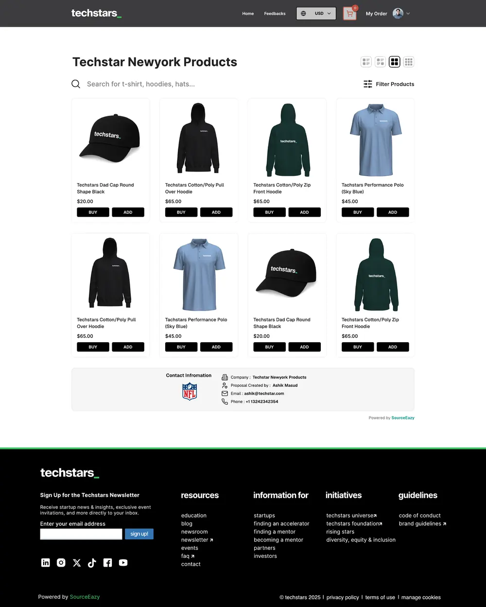 Techstar Newyork Products storefront with caps, hoodies and polos