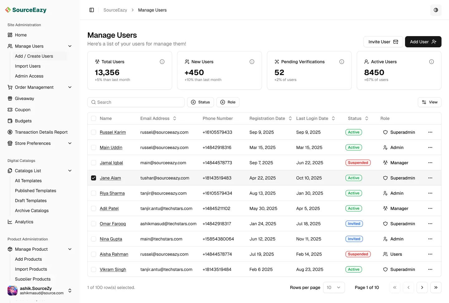 Manage Users screen