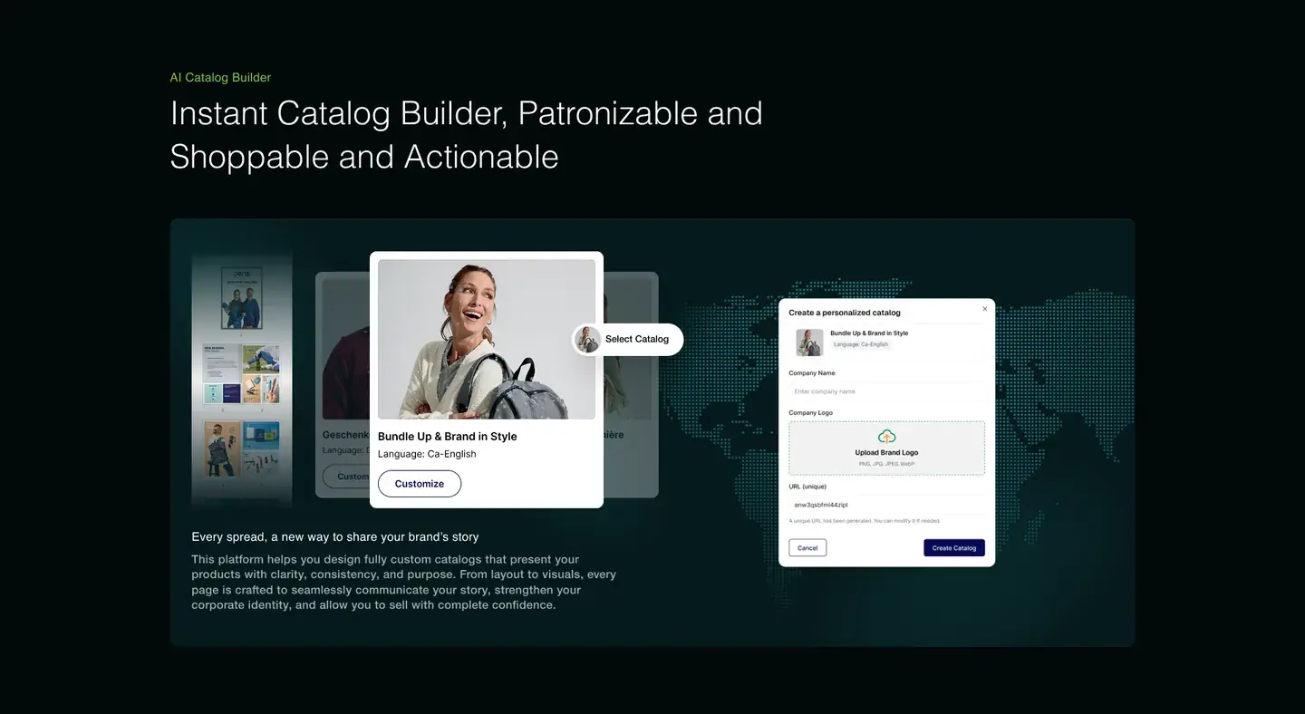 AI Catalog Builder section: catalog picker and a Create a personalized catalog dialog