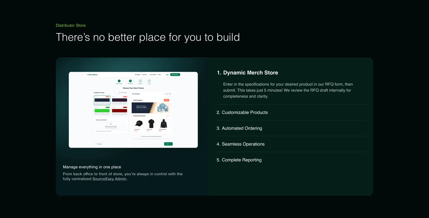 Distributor Store section: store theme picker preview beside a five-item accordion
