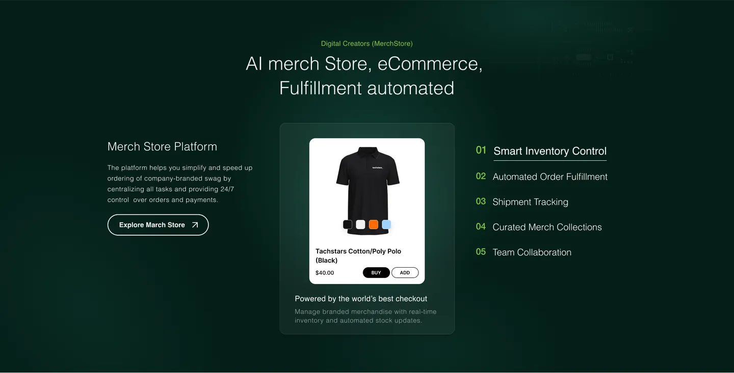 MerchStore section: product card for a Tachstars polo between the pitch and five numbered features