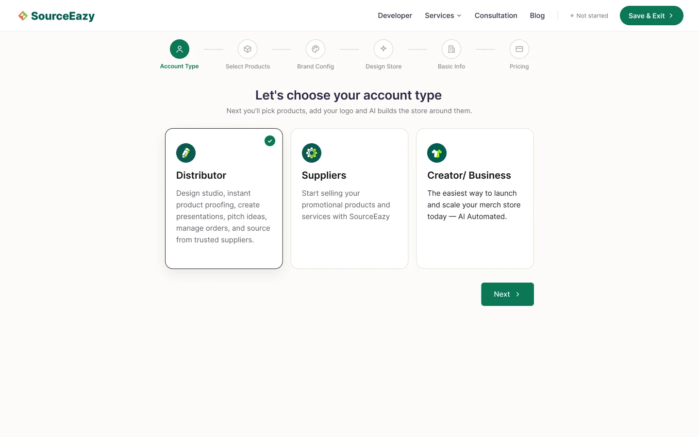 Account Type screen