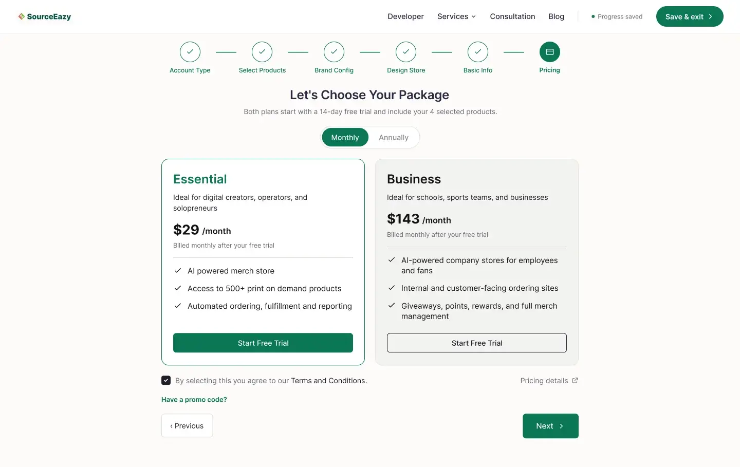 Pricing screen
