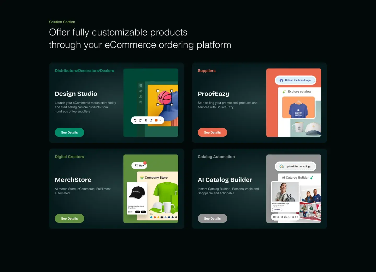 Solution section: Design Studio, ProofEazy, MerchStore and AI Catalog Builder cards, each with See Details