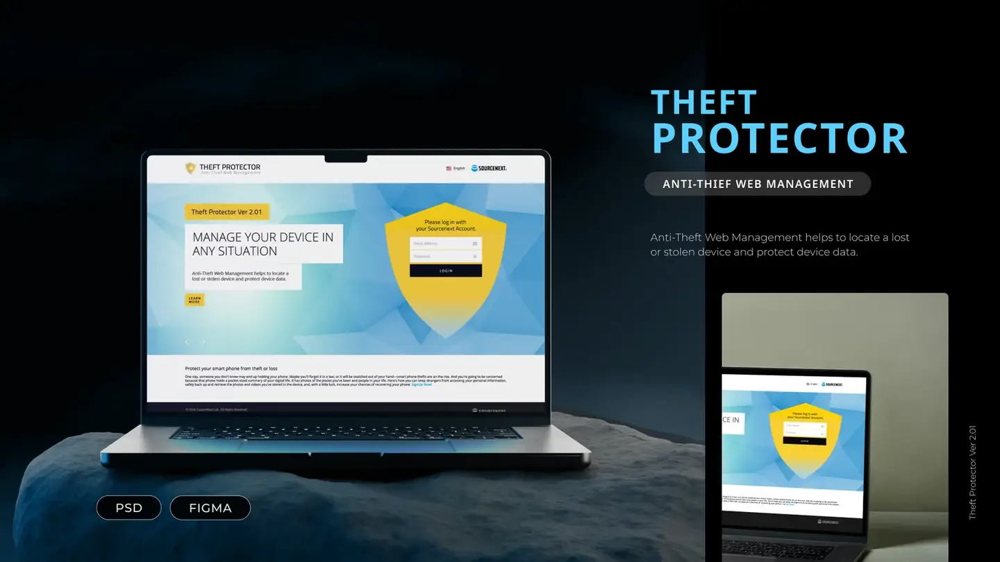 Presentation board: Theft Protector, Anti-Thief Web Management, with the website on two laptops and PSD and Figma labels