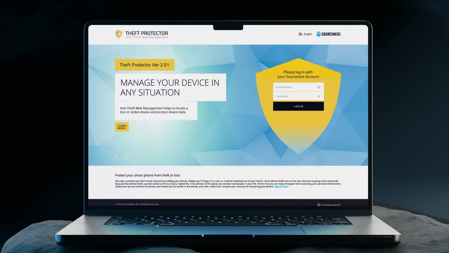 The Theft Protector website on a laptop: version 2.01 headline, shield-shaped login and the theft-or-loss story